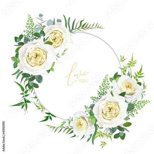 Bright, light yellow and greenery floral editable bouquet set. Elegant cabbage garden roses, maidenhair forest fern, vine branches, eucalyptus leaves vector illustration. Wedding invite, save the date