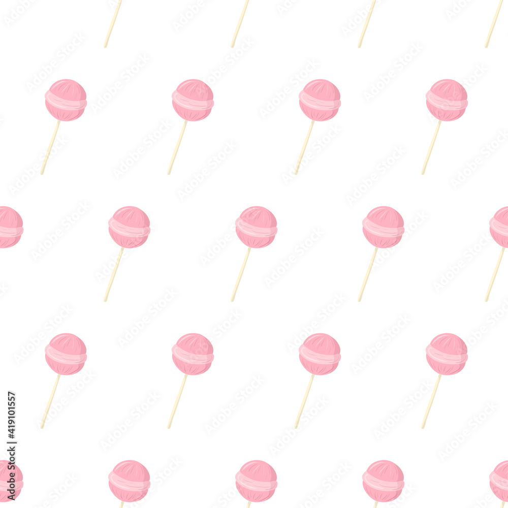 Cartoon seamless pattern for paper design with pink lollipop candy. Colorful background.