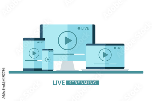 Video player window live streaming. Desktop computer, laptop, tablet and smartphone with play button on screen. Vector illustration for online broadcast, streaming service. 
