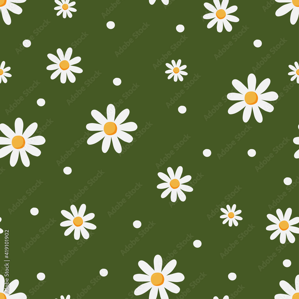 Vector white seamless flower pattern on green background Vector white seamless flower pattern on green background