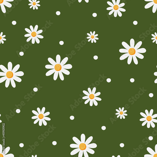 Vector white seamless flower pattern on green background © Mooam
