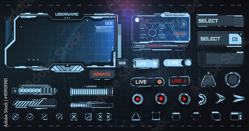 Digital frame technology UI UX Futuristic HUD  FUI  Virtual Interface. A design template for a set of frames   buttons  and overlay cursors for game streaming.  Futuristic info boxes layout templates.