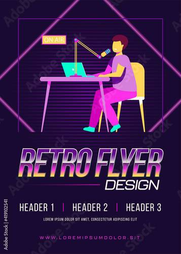 Radio host speaking at microphone at laptop. On air, presenter, blogger. Flat vector illustration. Communication, anchor, broadcasting concept for banner, website design or landing web page