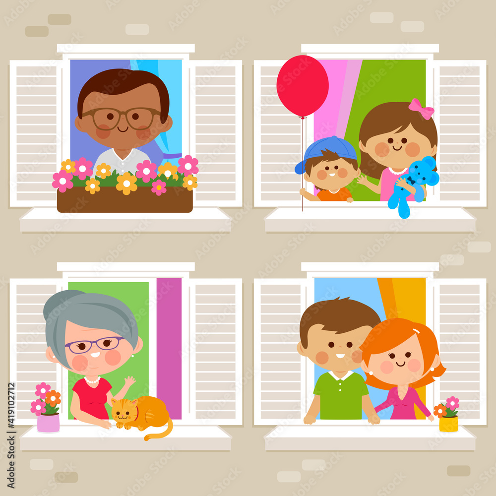 People in their homes at an apartment building looking out of windows. Vector illustration People in their homes at an apartment building looking out of windows. Vector illustration