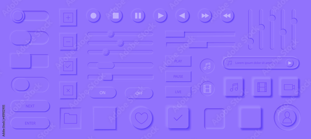Neumorphism style elements vector set. Modern website or mobile app design. Volume control buttons and knobs. Minimal style neumorphism buttons. Neumorphic UI UX interface. Neumorphism style elements vector set. Modern website or mobile app design. Volume control buttons and knobs. Minimal style neumorphism buttons. Neumorphic UI UX interface.