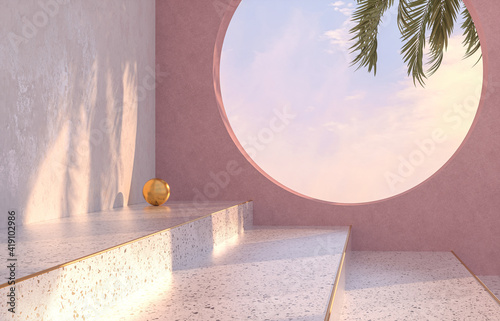 Fototapeta Naklejka Na Ścianę i Meble -  Natural beauty podium backdrop with tropical palm tree shadow. Terrazzo texture. 3d rendering scene.