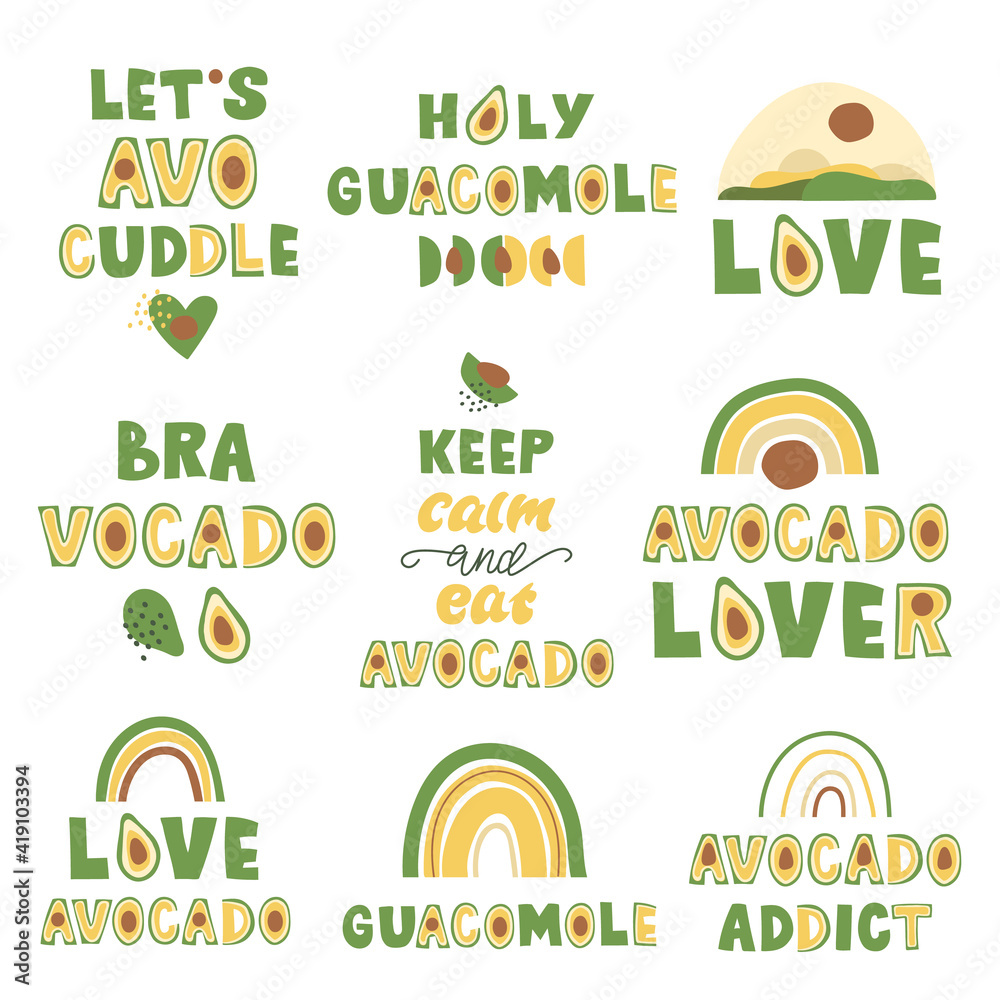 Set of avocado related lettering quotes. Vector illustration. Stock ...