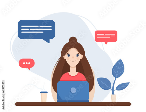 Girl sits at the table and works on a laptop. Home Office. Work at home or freelance. A young woman is studying at home. Freelancer lifestyle. Vector illustration in a flat style.