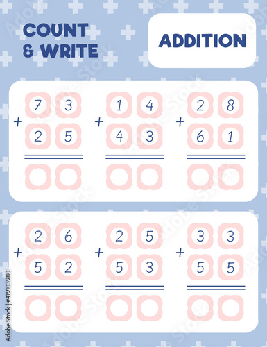 Math worksheet practice print page. Double digit addition. Column method. Count and write.