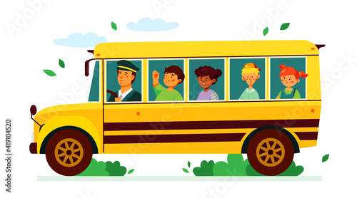 Children on the school bus - colorful flat design style illustration