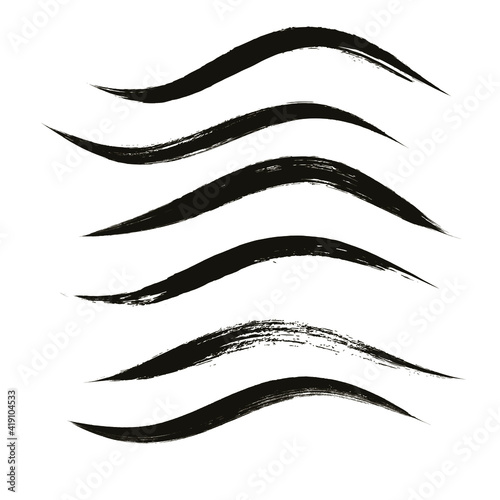 Makeup strokes, Set of mascara smudge, makeup eye pencil swatches, Beauty and cosmetic black brush smudges vector background. smear make up lines collection, liquid make up texture isolated on white.