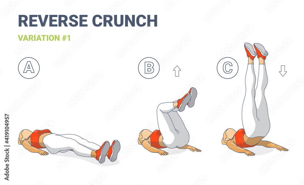 Reverse Crunch Woman Home Workout Exercise Illustration. Young Athletic Female Working on Her Abs. Stock Adobe Stock