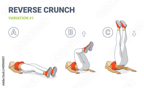 Reverse Crunch Woman Home Workout Exercise Illustration. Young Athletic Female Working on Her Abs.