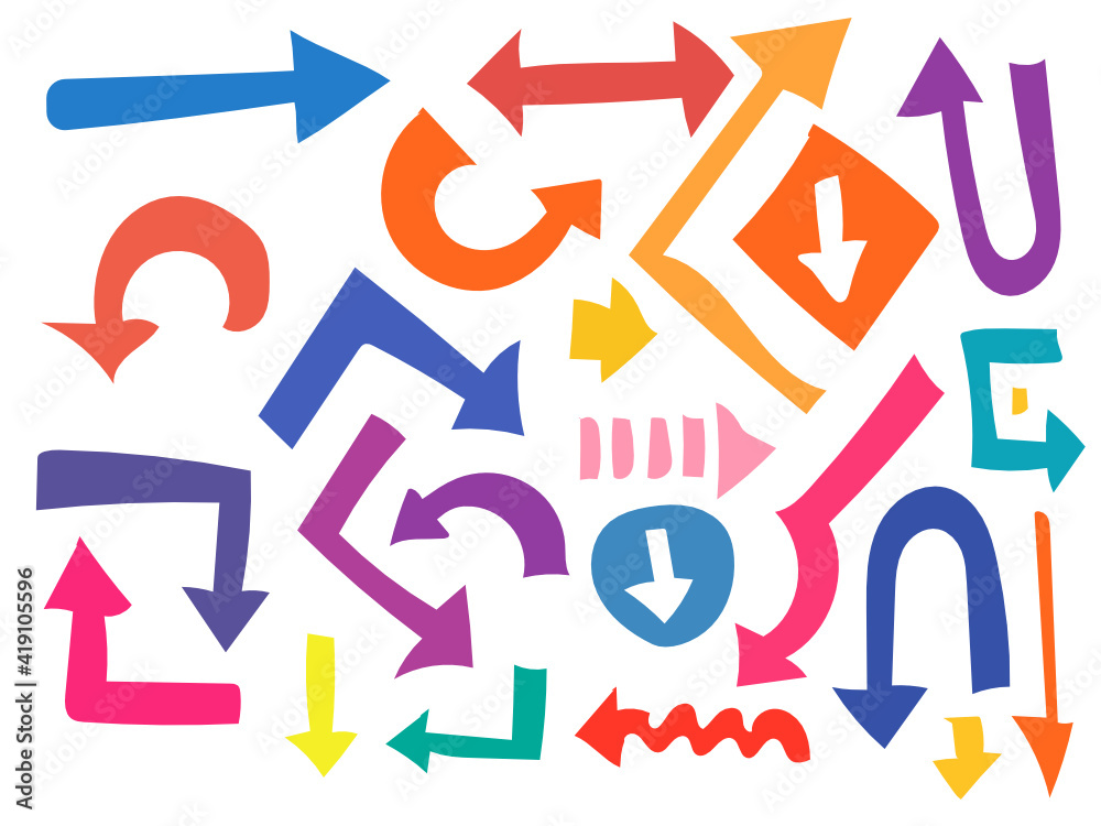 Arrows multicolored on a white background. A set of various pointers of various thicknesses and shapes. Arrows multicolored on a white background. A set of various pointers of various thicknesses and shapes.