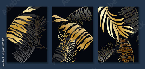 Gold forest  wall art background vector.  Palm and tropical leaf black and golden texture wallpaper. Design for wall decoration, cover, prints, social media stories background, poster and home decor.