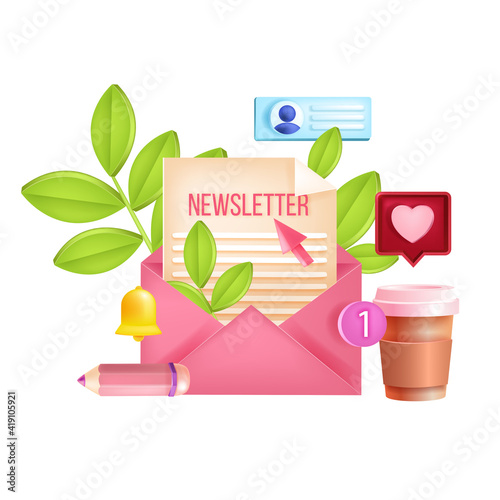 Newsletter subscription, monthly email vector web 3D illustration, envelope, letter, notification bell. Internet marketing digital concept, business article, blog posts. Newsletter subscription design