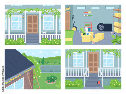 Outside house flat color vector illustration set. Patio with flowers. Porch with fence. Clean roof, garage declutter. Suburban home 2D cartoon outdoor scene with spring season on background collection