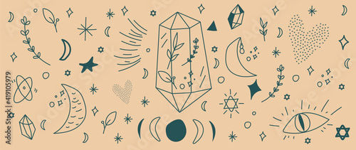 Tattoo abstract background vector. Dreams and magic objects  doodle design of hand, crystal, eye, star, sun, women, hand, planet, star for wallpaper, fabric , esoteric , horoscope, floral, wall art.