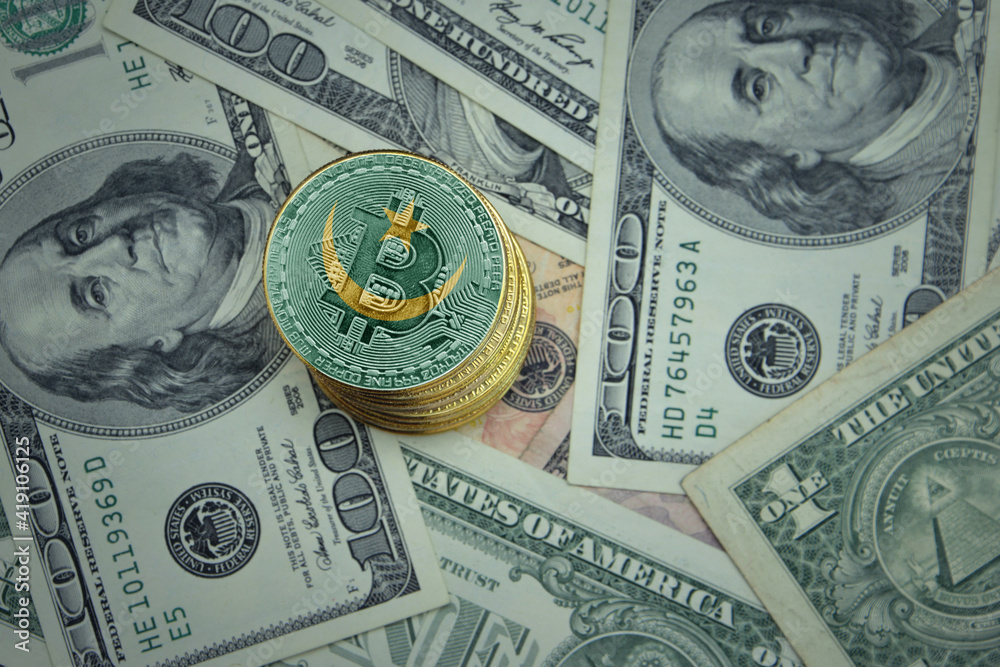 golden shining bitcoins with flag of mauritania on a dollar money background. golden shining bitcoins with flag of mauritania on a dollar money background.