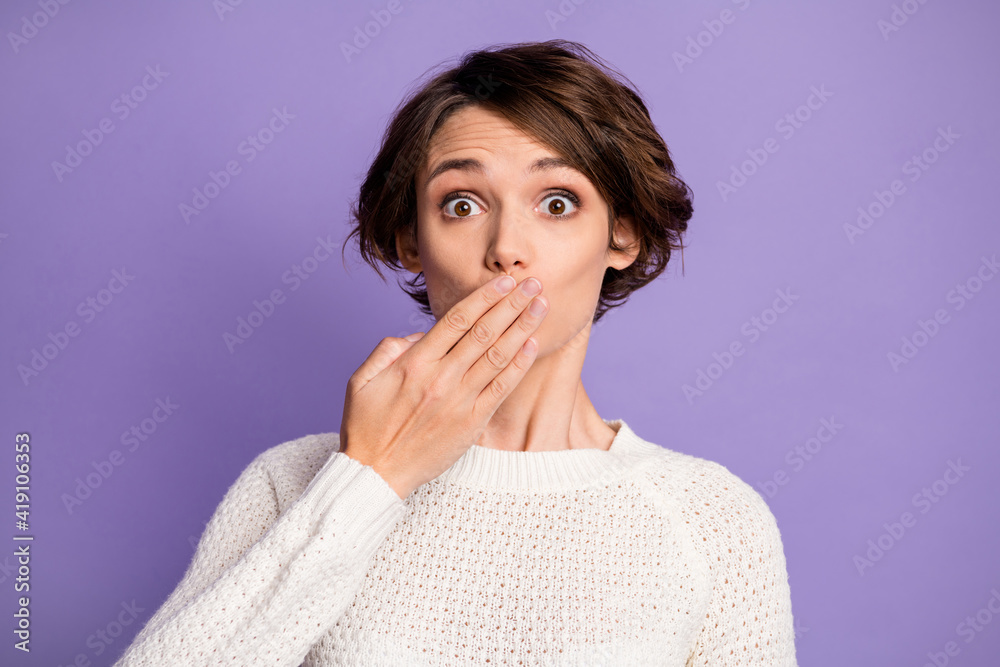 Photo of impressed person arm covering mouth lips do not tell wear sweater isolate don magenta color background Photo of impressed person arm covering mouth lips do not tell wear sweater isolate don magenta color background