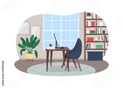 Home workspace 2D vector web banner, poster. Modern freelancer workplace. Manager office flat scene on cartoon background. Residential house space printable patch, colorful web element