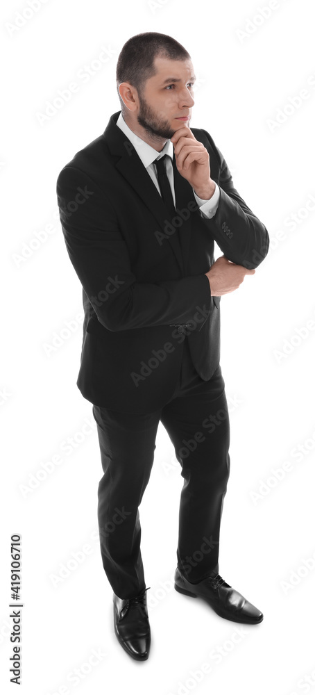 Thoughtful businessman in suit on white background Thoughtful businessman in suit on white background