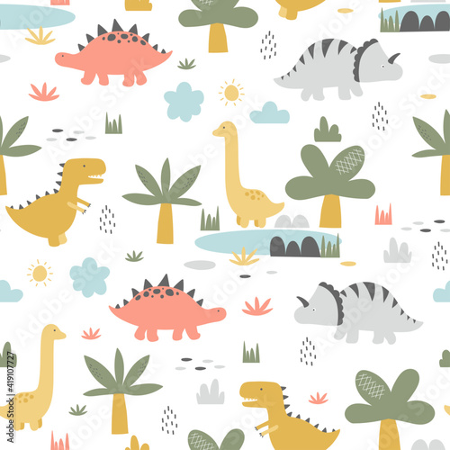 Vector hand-drawn children’s illustration, print, the card with the cute dinosaurs, seamless pattern and drops in Scandinavian style on a white background.