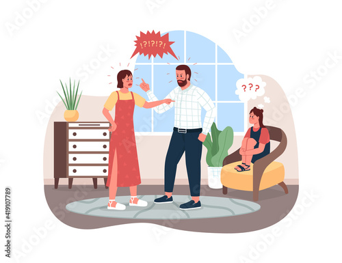 Parents shouting 2D vector web banner, poster. Unhappy child. Angry mother, father, nervous daughter flat characters on cartoon background. Family conflict printable patch, colorful web element