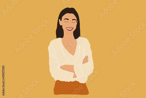 Portrait of cheerful woman with arms crossed on yellow background. Smiling at camera. Lifestyle concept. Vector illustration. Flat style.