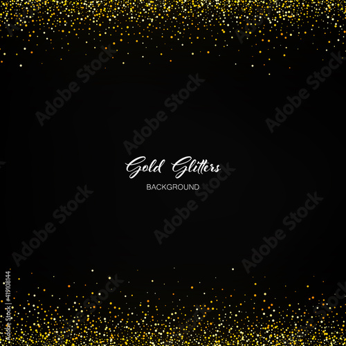 Gold glitter texture on a black background. Golden explosion of confetti. Design element.