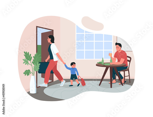 Alcoholic father 2D vector web banner, poster. Addict husband. Parents conflict. Mother leaving with son flat characters on cartoon background. Family breakup printable patch, colorful web element
