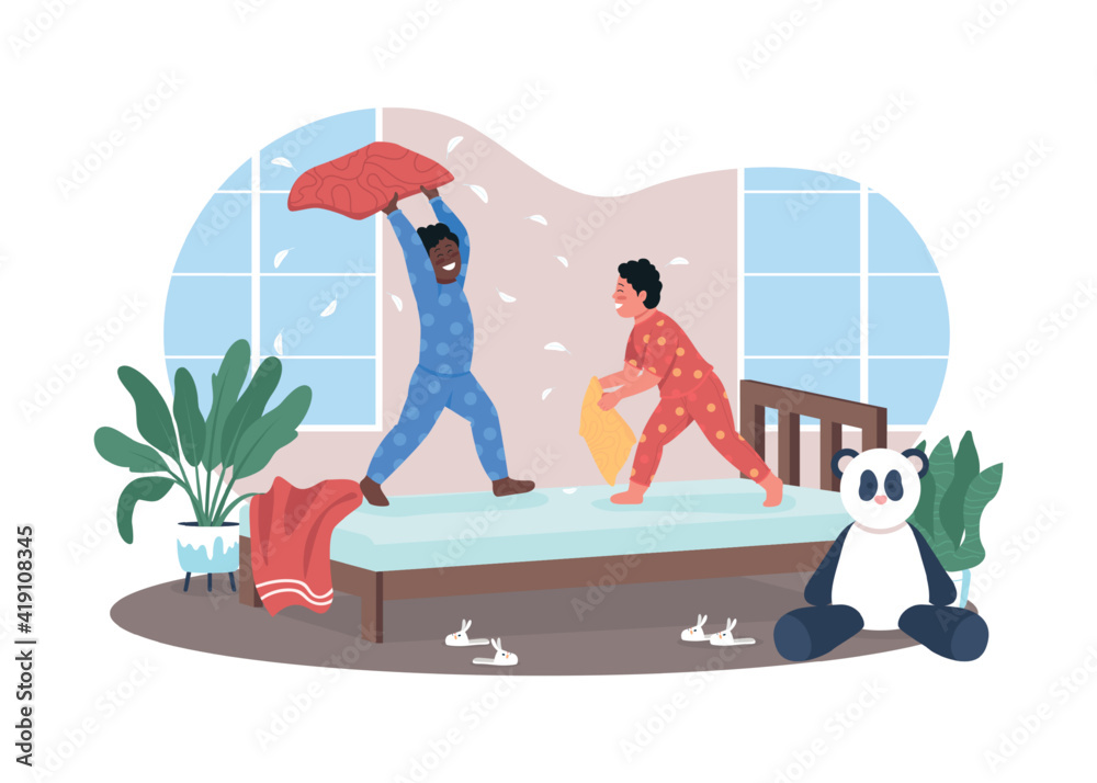 Pillow fight in kindergarten 2D vector web banner, poster. Friends bonding. Smiling boys play together flat characters on cartoon background. Bedtime printable patch, colorful web element Stock Vector | Adobe Stock Pillow fight in kindergarten 2D vector web banner, poster. Friends bonding. Smiling boys play together flat characters on cartoon background. Bedtime printable patch, colorful web element Stock Vector | Adobe Stock