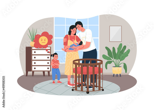 Sibling rivalry 2D vector web banner, poster. Jealous sister. Father, mother, baby and daughter in nursery flat characters on cartoon background. Family conflict printable patch, colorful web element