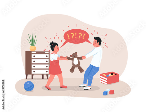 Children fighting over toy 2D vector web banner, poster. Sibling rivalry. Sister and brother in playroom flat characters on cartoon background. Family conflict printable patch, colorful web element