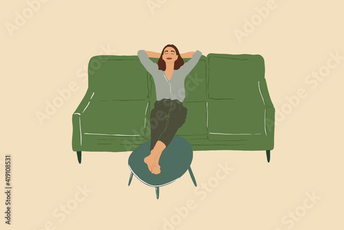 Pretty woman relaxing on the green sofa with a white dog while put her feet on the coffee table. Enjoying time for herself . Flat style. Vector illustration