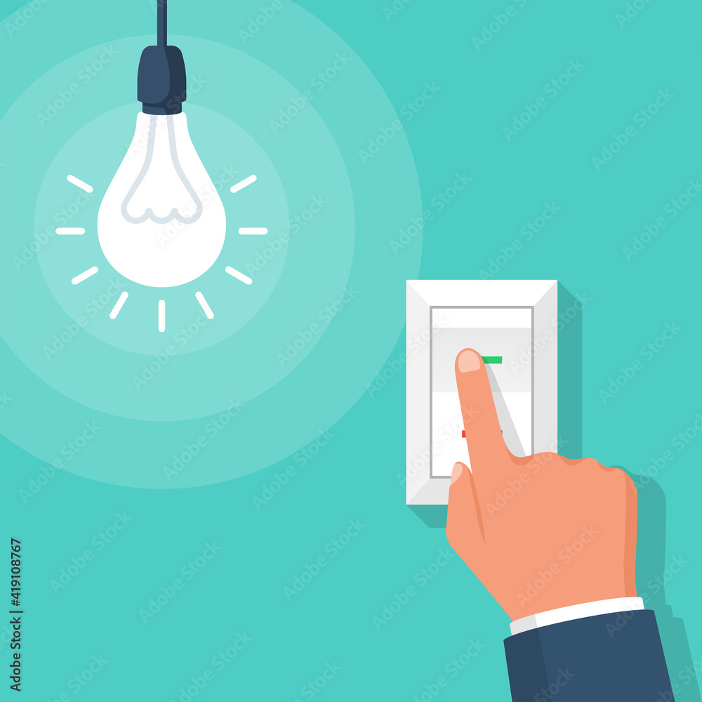 To turn on the light. The man presses the switch button with his finger