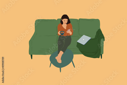 Pretty woman sitting on the green sofa with with coffee and using phone while put her feet on the coffee table. Relaxing after working on laptop. . Flat style. Vector illustration