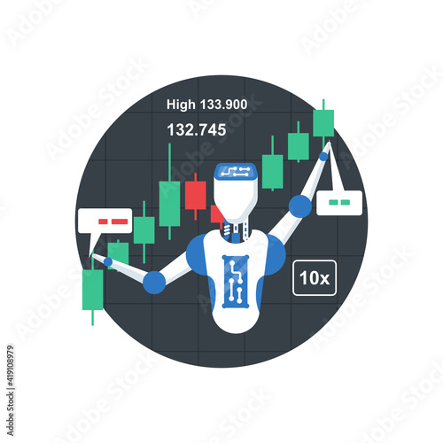 Robot tradings. Stock exchange robot. Business trading concept. Forex market. AI technologies in business and stock market. Artificial Intelligence. Vector illustration flat design.