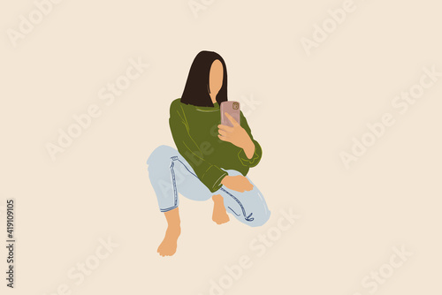  Woman in green sweater and blue jeans sitting squatting and takes a selfie. Vector illustration in flat style and pastel tones.