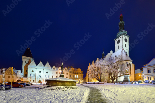 Night snowy square of the city of Tabor in the Czech Republic