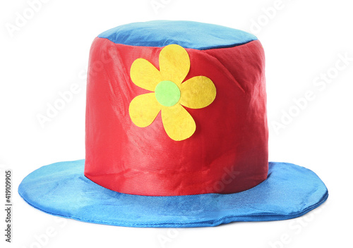 Fotografía Funny red hat with flower isolated on white. Clown's accessory
