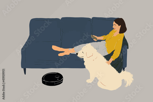 Black robotic vacuumer is cleaning the floor while pretty woman sitting on the blue sofa with a white dog at home. Lifestyle and smart technology concept. Vector illustration