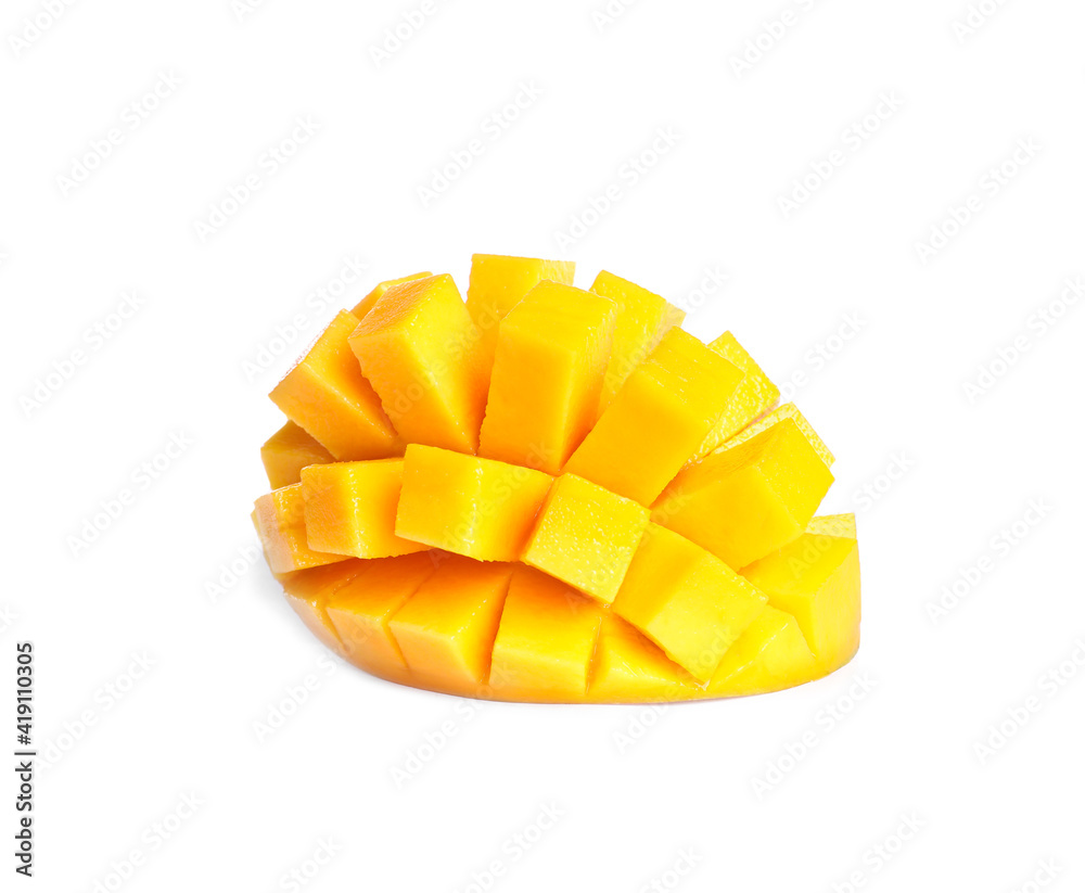 Cut fresh juicy mango on white background