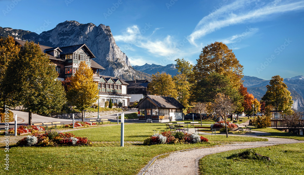 Amazing countryside scenery in mountains at sunny day. Brauhof village on a Grundlsee lake. Austria. Amazing nature landscape. Picture of village park. concept of Travel and holiday on nature