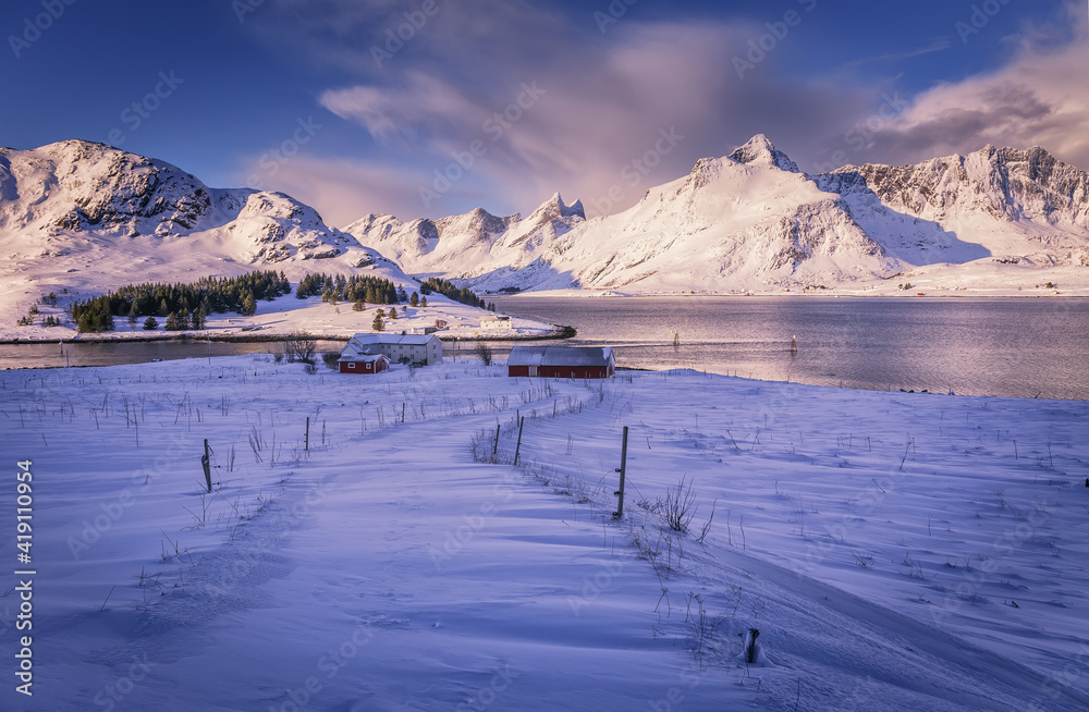 Wonderful nature image of north fjords with mountains landscape. scenic photo of winter mountains and vivid colorful sky. stunning natural background. Picturesque Scenery of lofotens islands. Norway Wonderful nature image of north fjords with mountains landscape. scenic photo of winter mountains and vivid colorful sky. stunning natural background. Picturesque Scenery of lofotens islands. Norway