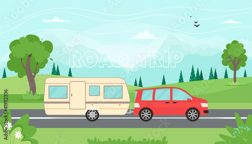 Time to travel, road trip concept. Travelling by car with travel trailer in the mountains. Spring or summer landscape. Vector illustration in flat style