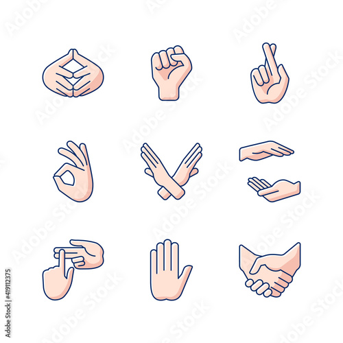 Hand gestures RGB color icons set. One finger - Pointing. Communication elements. Rhetorical devices. Counting on fingers. Handshake. Crossed arm. Okay gesture.Isolated vector illustrations