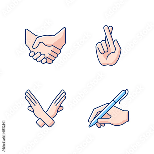 Hand gestures RGB color icons set. Business deal, handshake. Crossed arms, fingers. Communication elements. Rhetorical devices. Body language. Mutually beneficial deal. Isolated vector illustrations