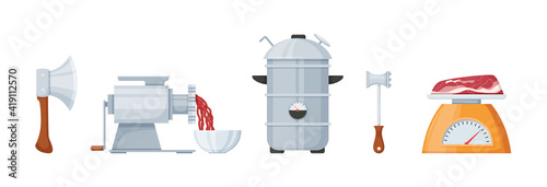 Kitchen accessories for cutting and cooking meat. Meat grinder in action, scales with meat tenderloin, hammer for beating steaks, smokehouse, hatchet cartoon vector illustration