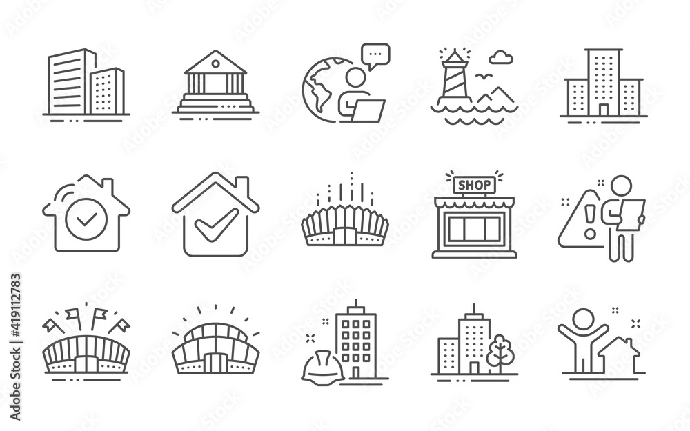 Fototapeta premium Construction building, Arena stadium and Lighthouse line icons set. Sports stadium, Buildings and Court building signs. Skyscraper buildings, Sports arena and New house symbols. Line icons set. Vector